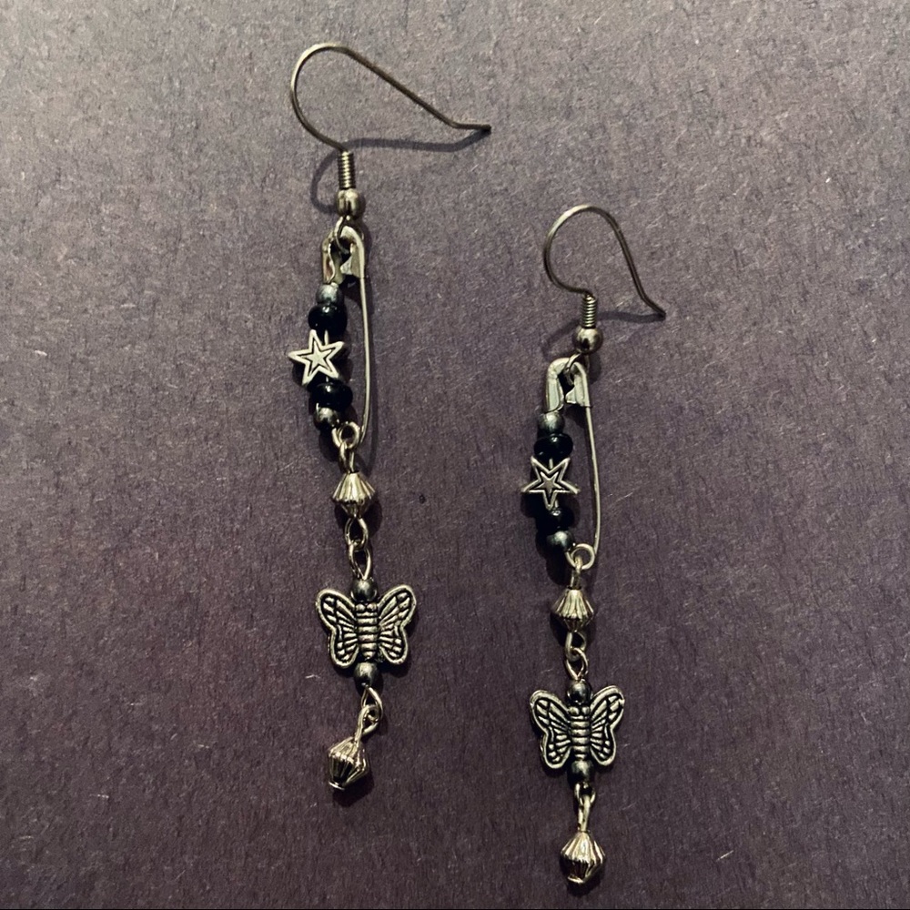 Silver Safety Pin Butterfly Stare Earrings